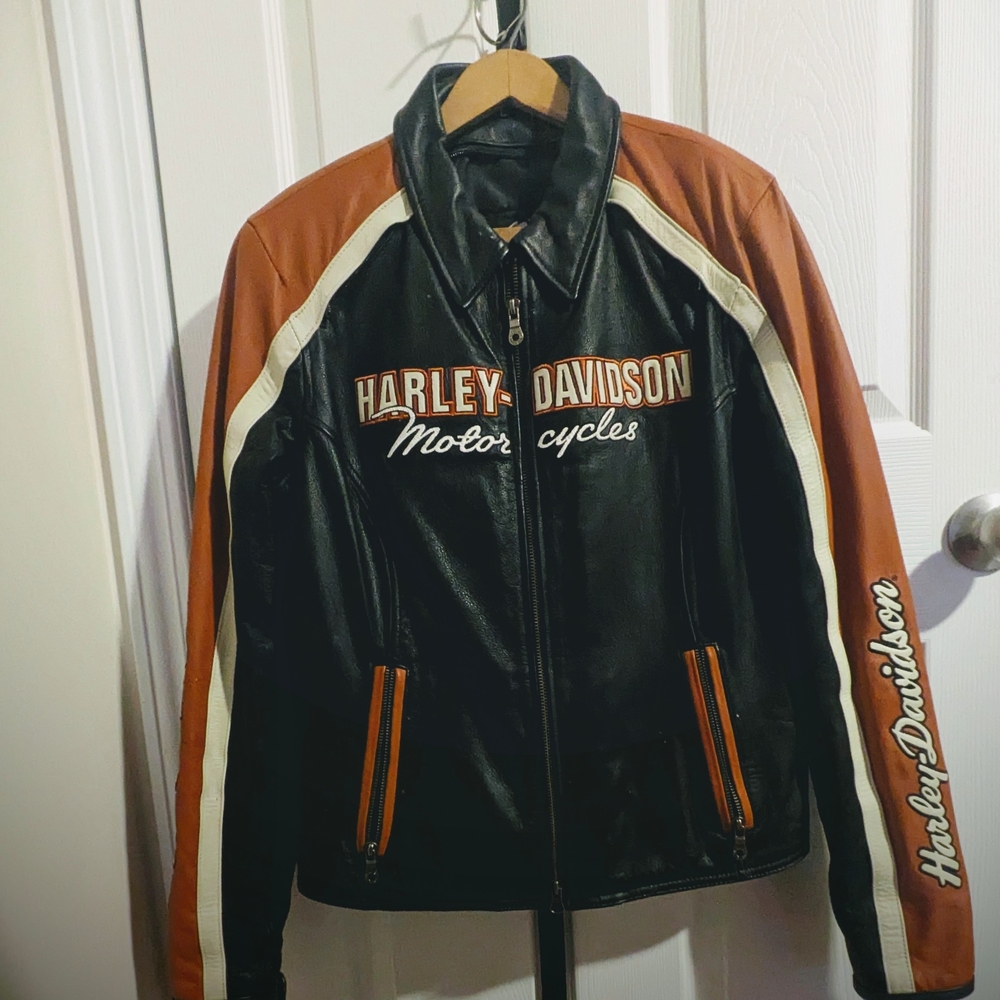 Harley-Davidson Orange and Black Leather Motorcycle Jacket
